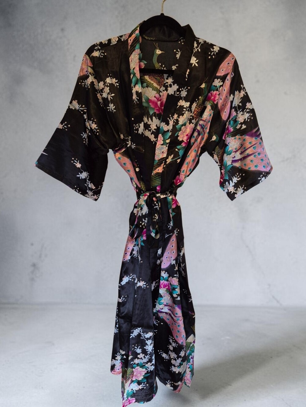 Satin Black Floral & Peacock Kimono Robe Size Large